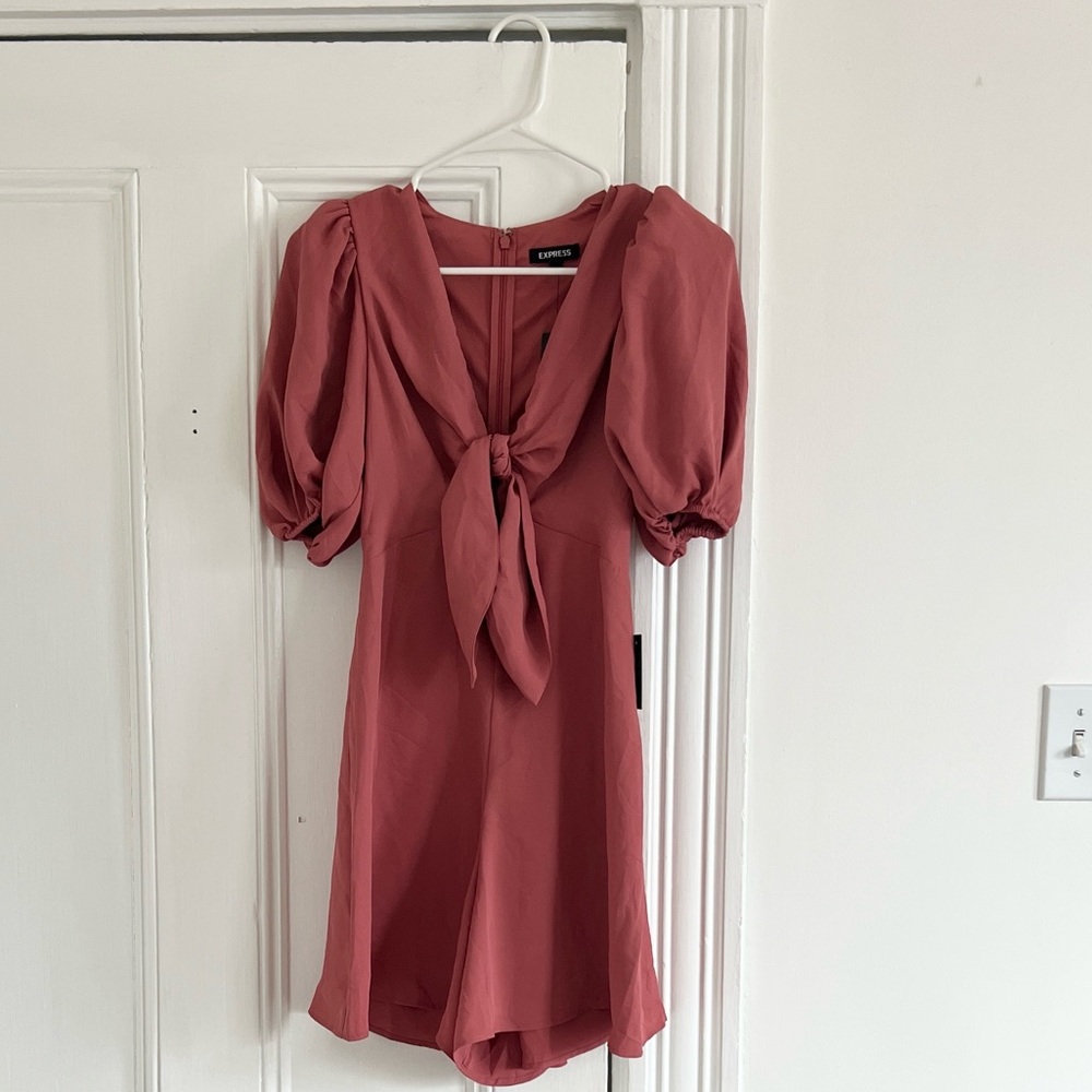 Express Rose-Mauve Tie-Front Puff Sleeve Romper